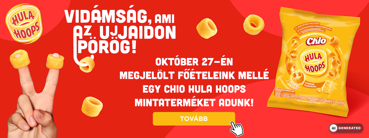 A megjelölt főételek mellé egy Chio Hula Hoops mintaterméket adunk!