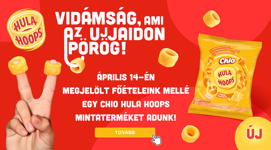 A megjelölt főételeink mellé egy CHIO HULA HOOPS mintaterméket adunk!
