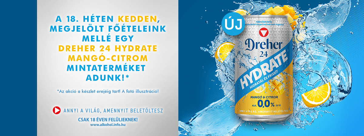 DREHER 24 HYDRATE MANGÓ-CITROM mintaterméket adunk a 18. héten!