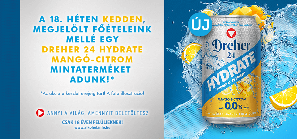 DREHER 24 HYDRATE MANGÓ-CITROM mintaterméket adunk a 18. héten!